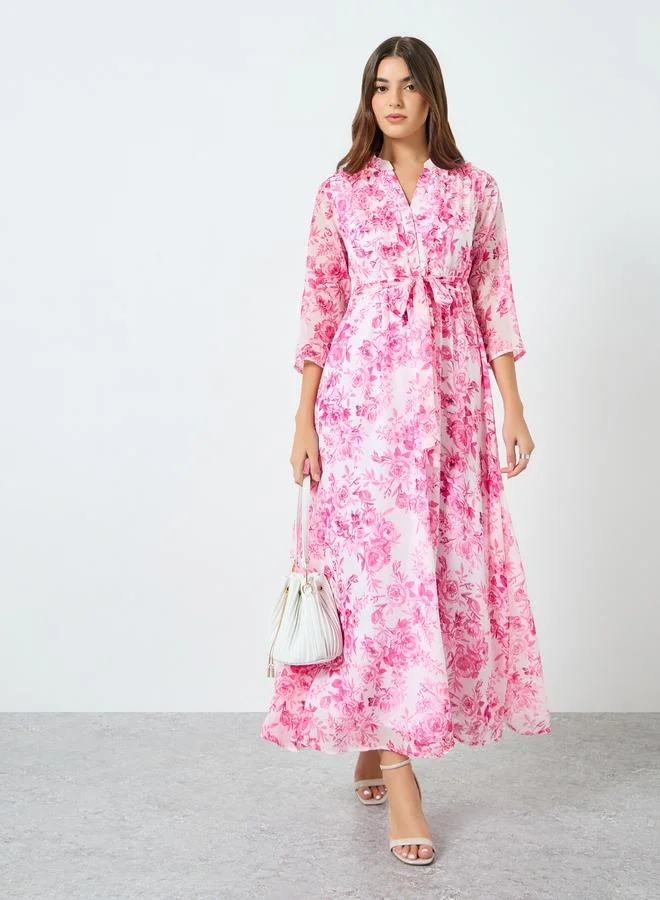 Styli  Women Pink Chiffon Floral 3/4th Sleeves Maxi Dress for Women | Best Price UAE